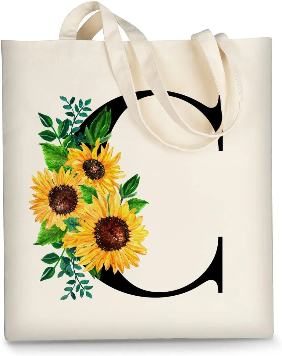 AUSVKAI Cute Sunflower Initial Canvas Tote Bag Aesthetic for Women
