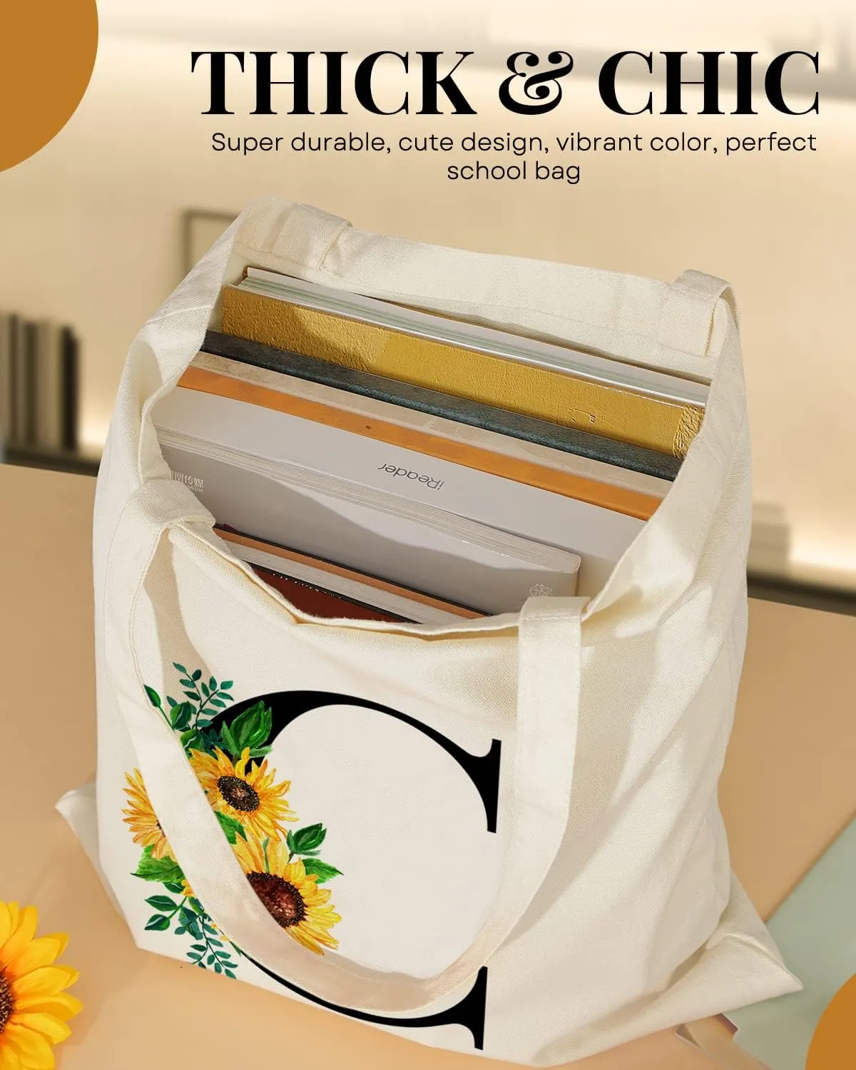 AUSVKAI Cute Sunflower Initial Canvas Tote Bag Aesthetic for Women