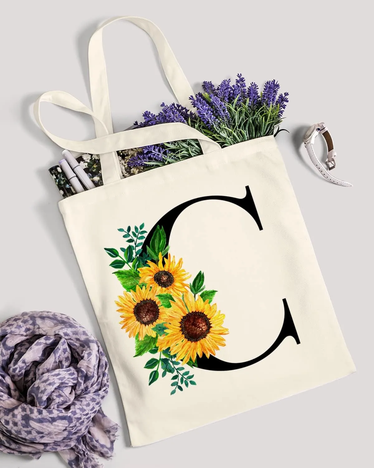 AUSVKAI Cute Sunflower Initial Canvas Tote Bag Aesthetic for Women