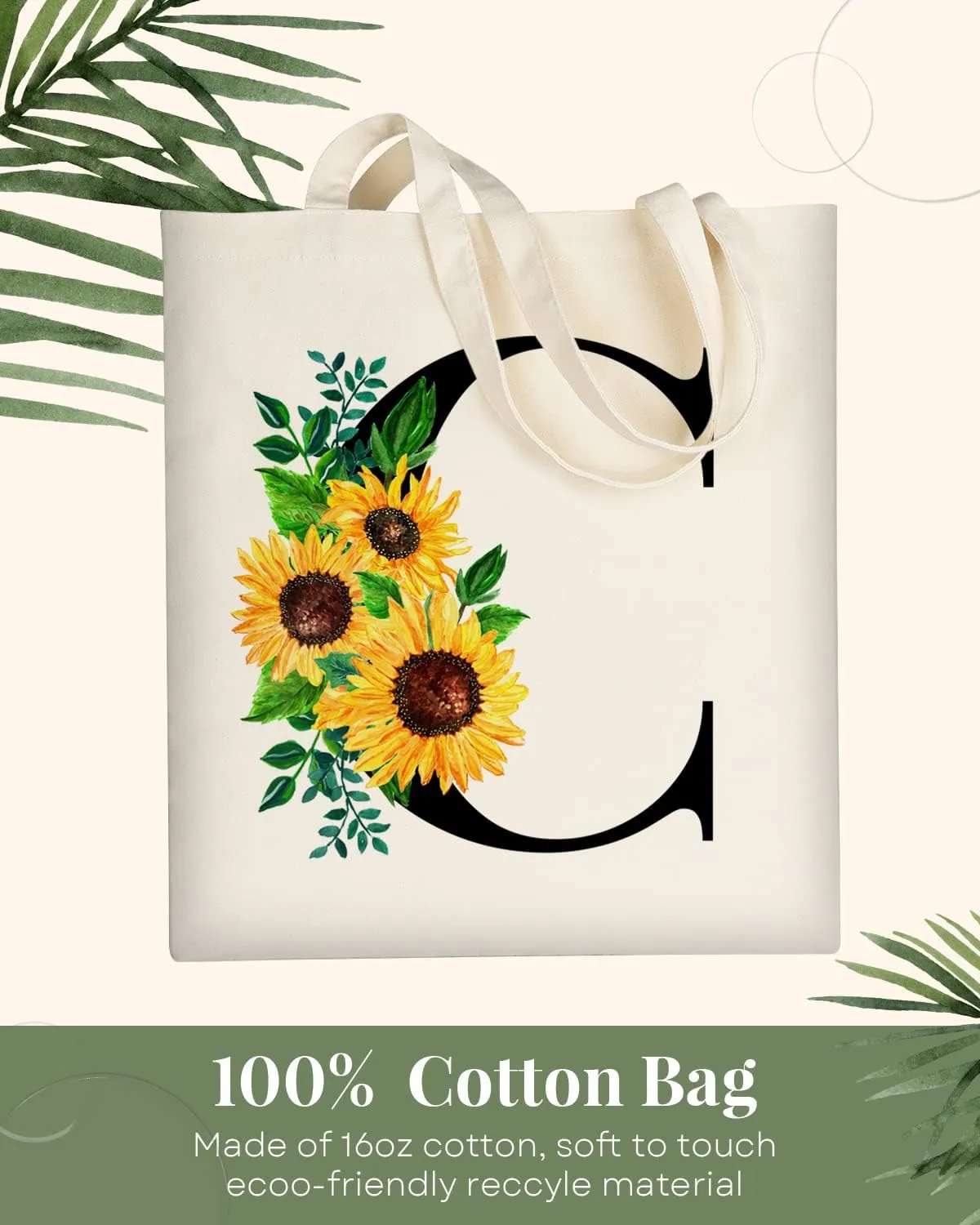 AUSVKAI Cute Sunflower Initial Canvas Tote Bag Aesthetic for Women