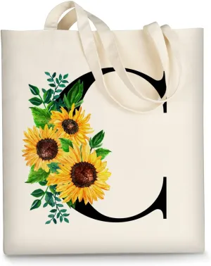 AUSVKAI Cute Sunflower Initial Canvas Tote Bag Aesthetic for Women