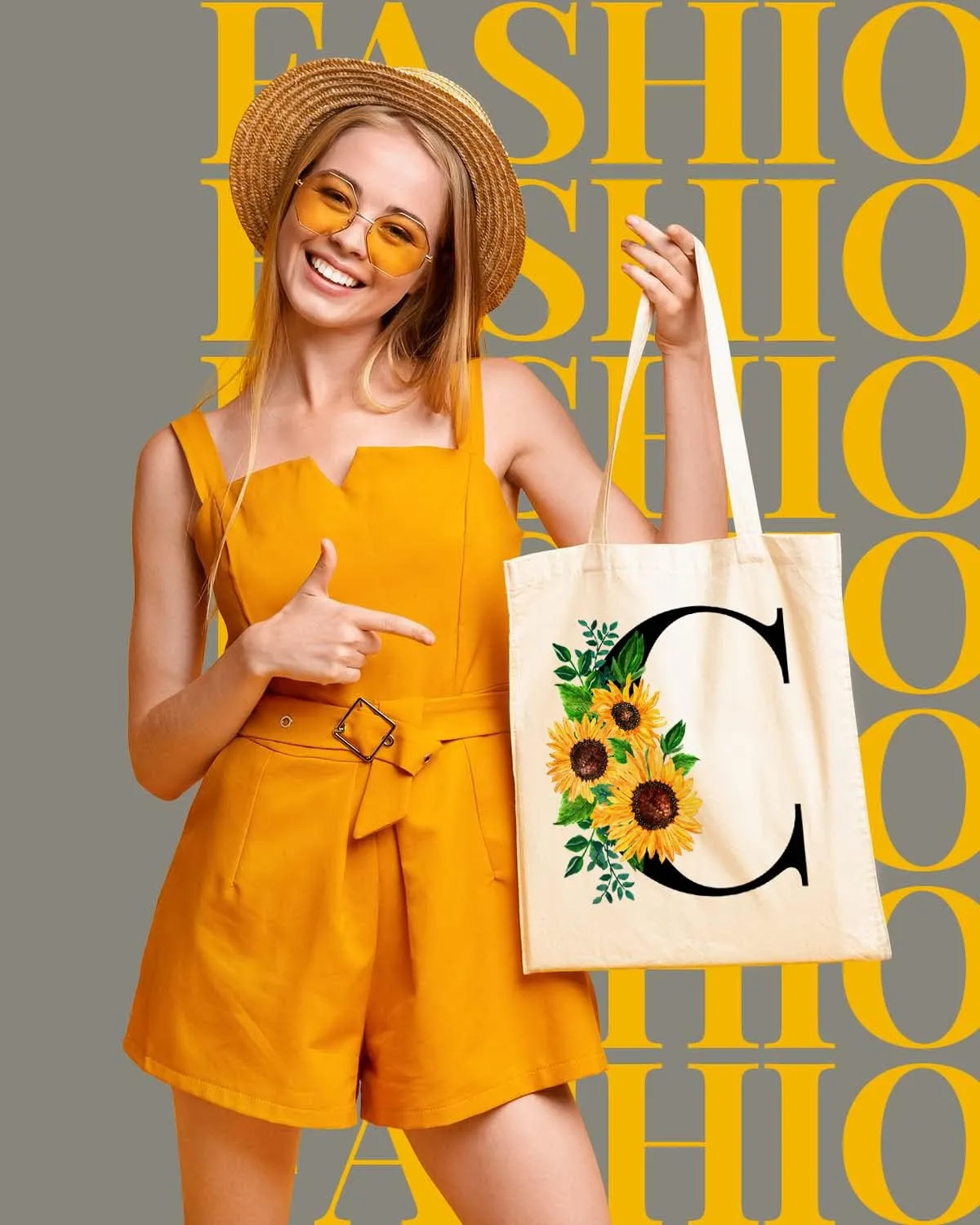 AUSVKAI Cute Sunflower Initial Canvas Tote Bag Aesthetic for Women