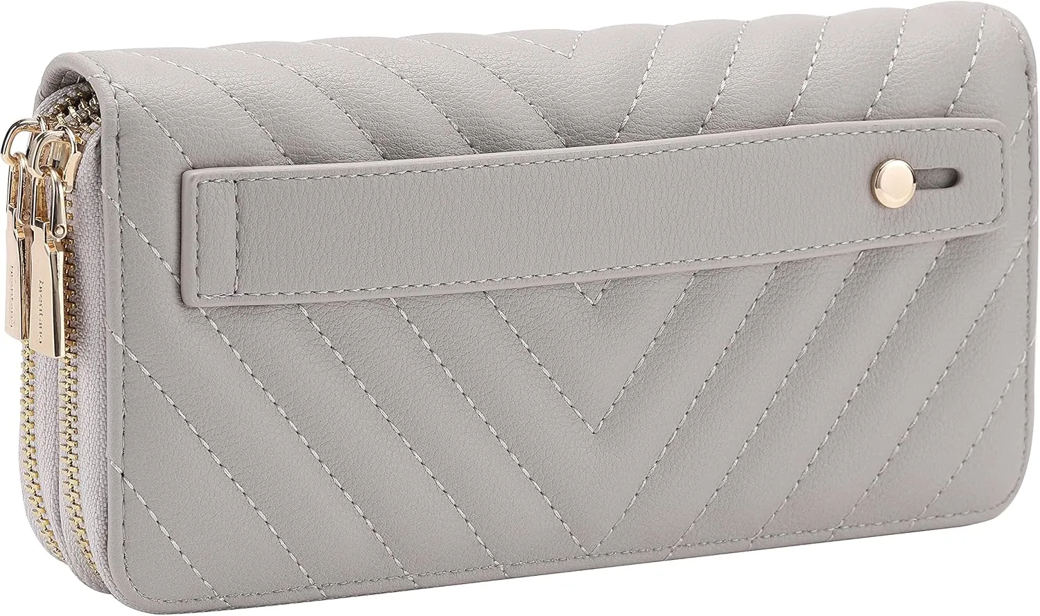 B BRENTANO Vegan Leather Double Zipper Pocket Wallet with Grip Hand Strap (Chevron Embroidered Gray)