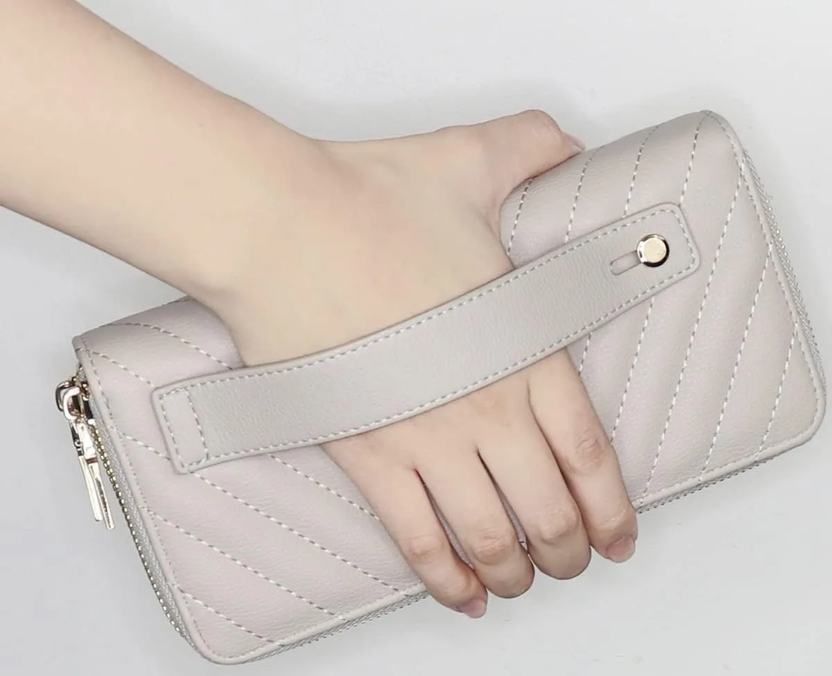 B BRENTANO Vegan Leather Double Zipper Pocket Wallet with Grip Hand Strap (Chevron Embroidered Gray)