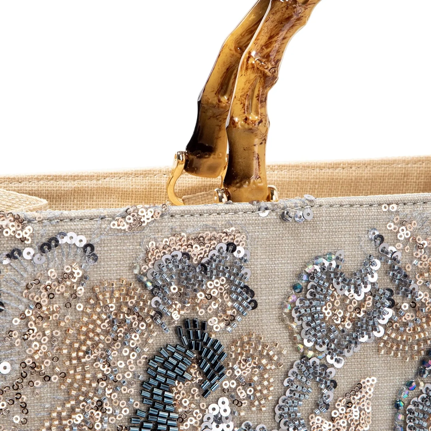 Bamboo Handle Sequin Embroidered Floral Tote Bag Evening Handbag for Wedding Party