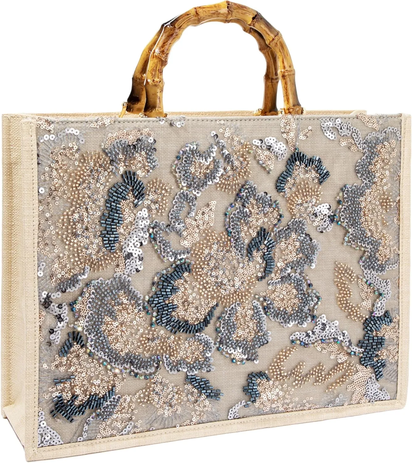 Bamboo Handle Sequin Embroidered Floral Tote Bag Evening Handbag for Wedding Party