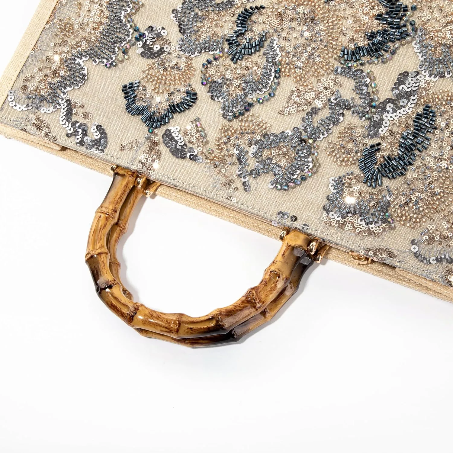 Bamboo Handle Sequin Embroidered Floral Tote Bag Evening Handbag for Wedding Party