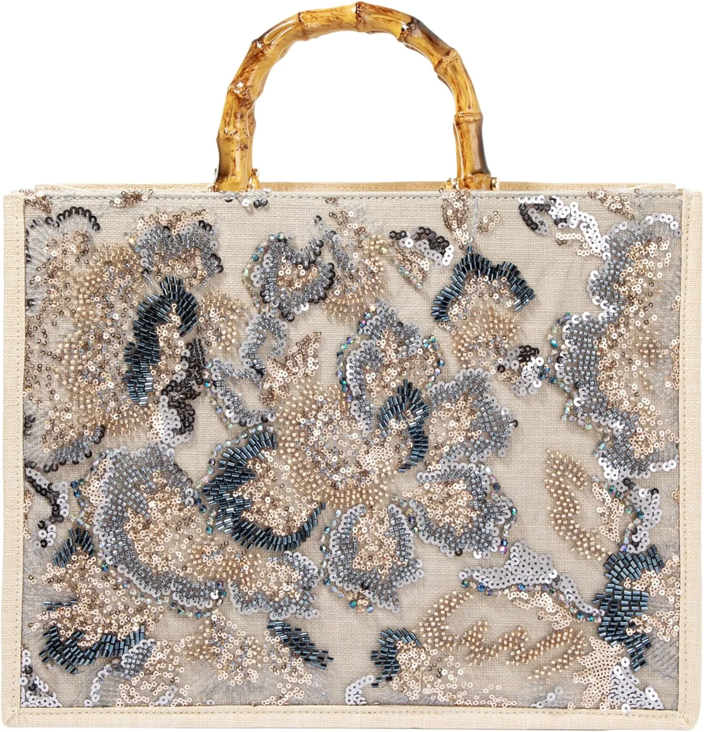 Bamboo Handle Sequin Embroidered Floral Tote Bag Evening Handbag for Wedding Party