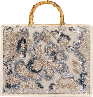 Bamboo Handle Sequin Embroidered Floral Tote Bag Evening Handbag for Wedding Party