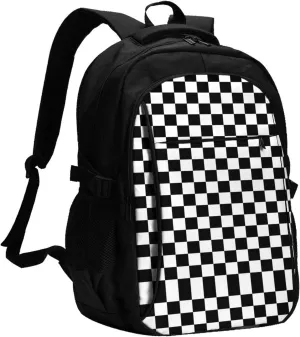 Black and White Checkered Race Flag Travel Backpack Laptop Backpacks Business Rucksack Outdoor Daypack Large Sport Bag with Luggage Strap USB Charging Port for Hiking Working
