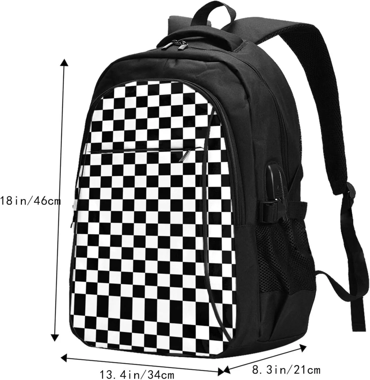 Black and White Checkered Race Flag Travel Backpack Laptop Backpacks Business Rucksack Outdoor Daypack Large Sport Bag with Luggage Strap USB Charging Port for Hiking Working