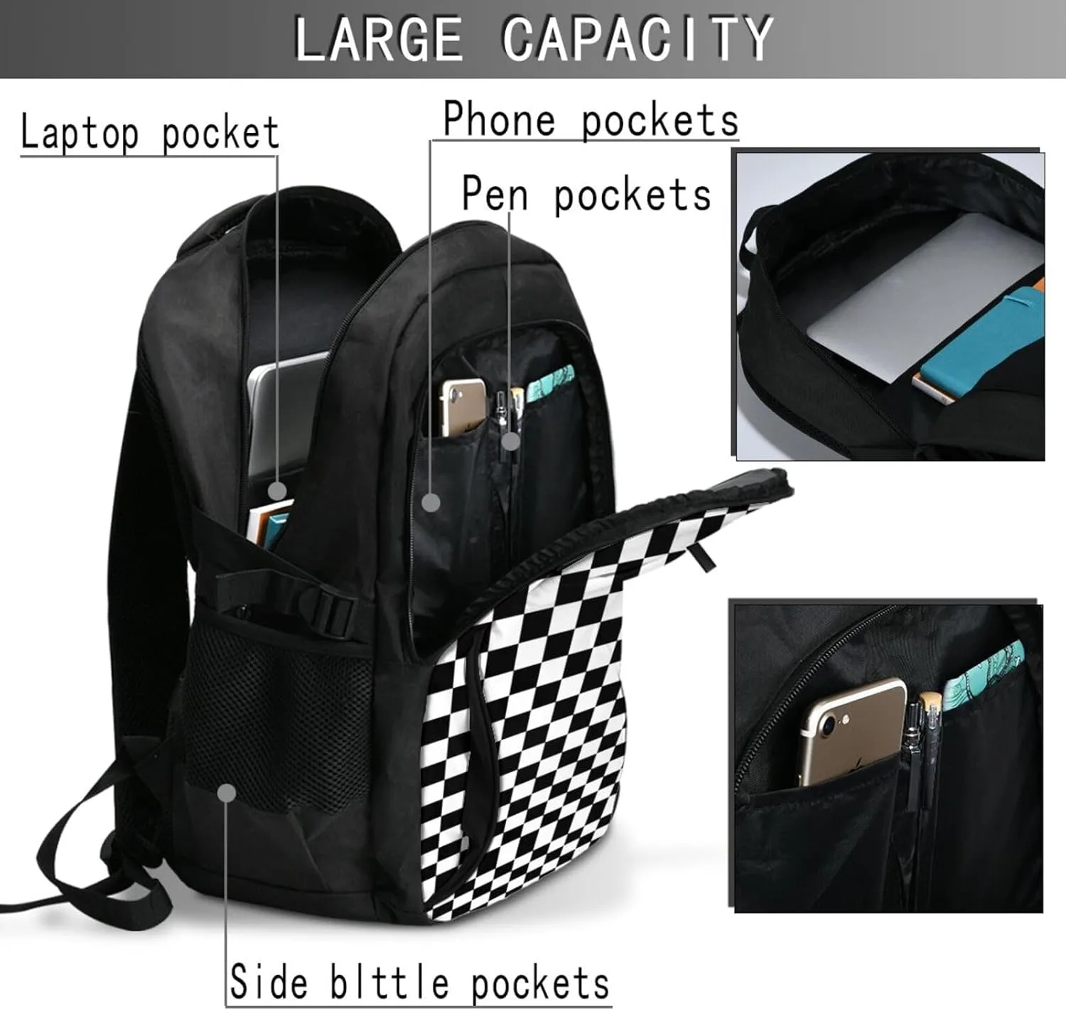 Black and White Checkered Race Flag Travel Backpack Laptop Backpacks Business Rucksack Outdoor Daypack Large Sport Bag with Luggage Strap USB Charging Port for Hiking Working