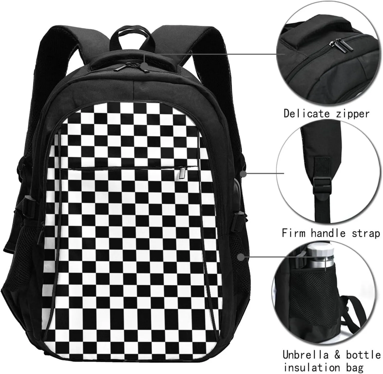 Black and White Checkered Race Flag Travel Backpack Laptop Backpacks Business Rucksack Outdoor Daypack Large Sport Bag with Luggage Strap USB Charging Port for Hiking Working
