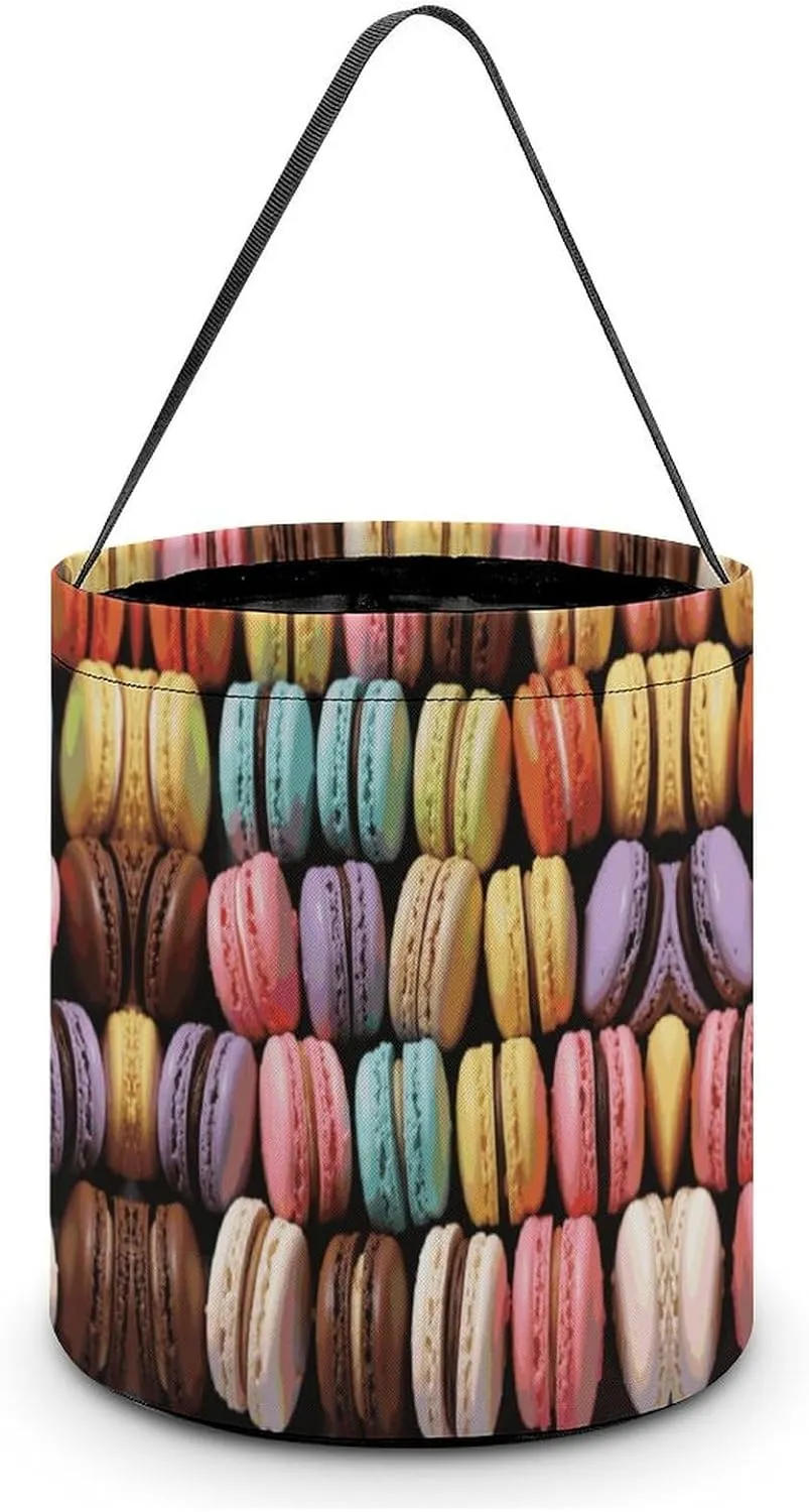 Candy Bucket Trick Or Treat Bag Macaron Biscuit Flavored Pastries Printed Folding Candy Bucket Portable Foldable Reusable Candy Bucket Suitable for Various Festivals