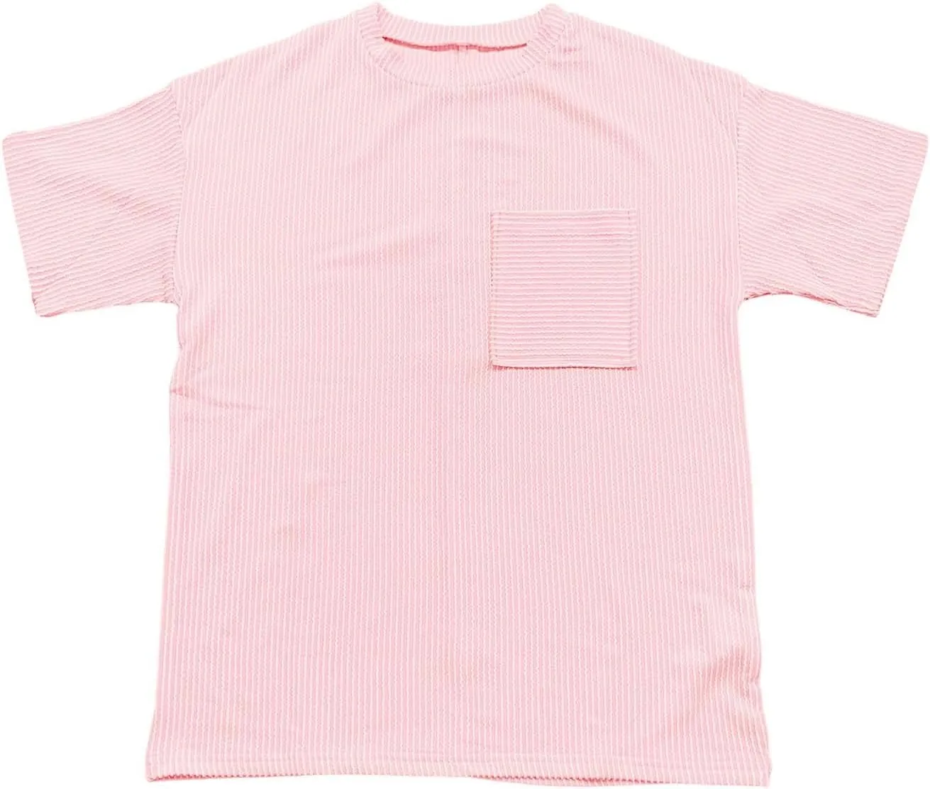 Casual Contrasting Striped Short Sleeved Pocket Round Neck T Shirt Fit Loose Comfortable Flowy Soft Tops