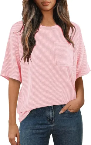 Casual Contrasting Striped Short Sleeved Pocket Round Neck T Shirt Fit Loose Comfortable Flowy Soft Tops