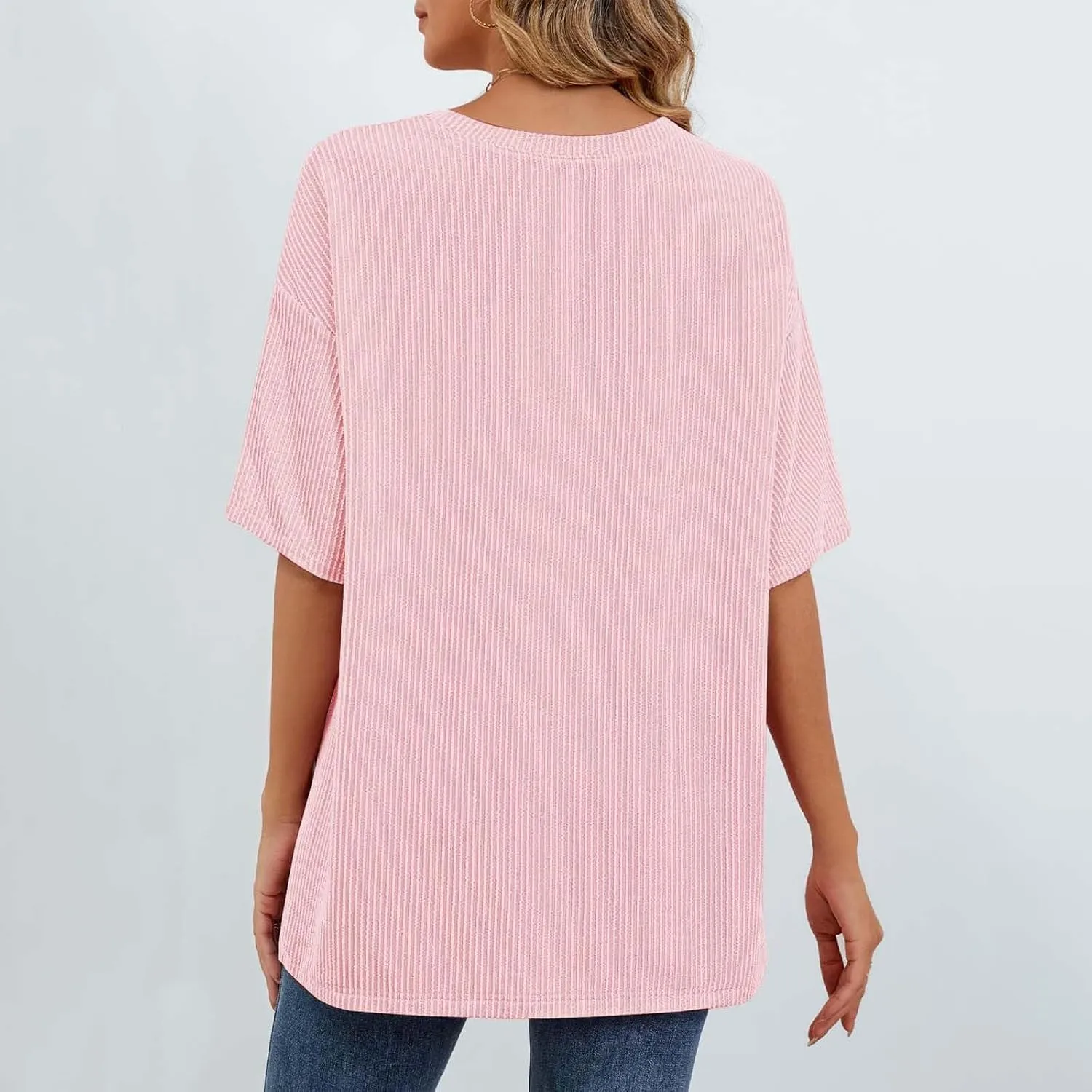 Casual Contrasting Striped Short Sleeved Pocket Round Neck T Shirt Fit Loose Comfortable Flowy Soft Tops
