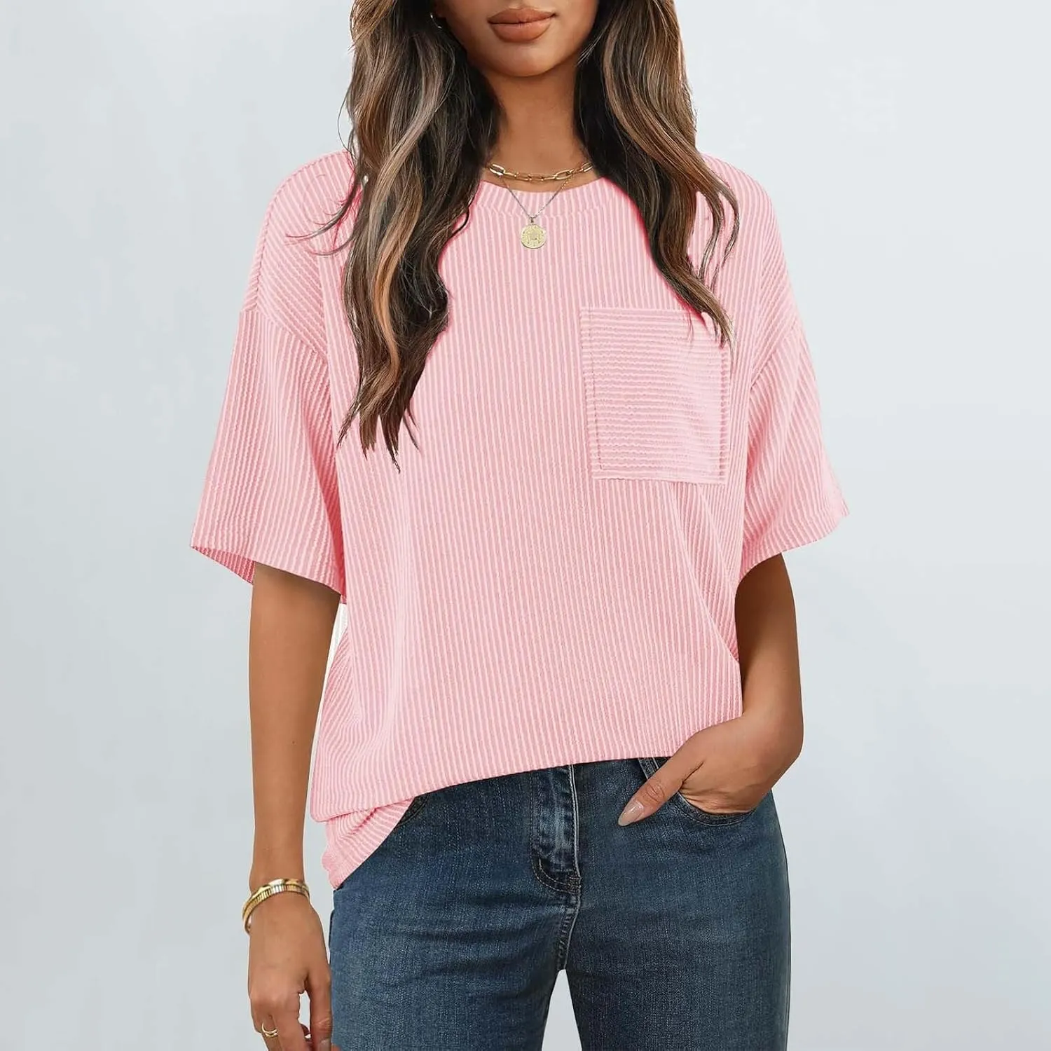 Casual Contrasting Striped Short Sleeved Pocket Round Neck T Shirt Fit Loose Comfortable Flowy Soft Tops