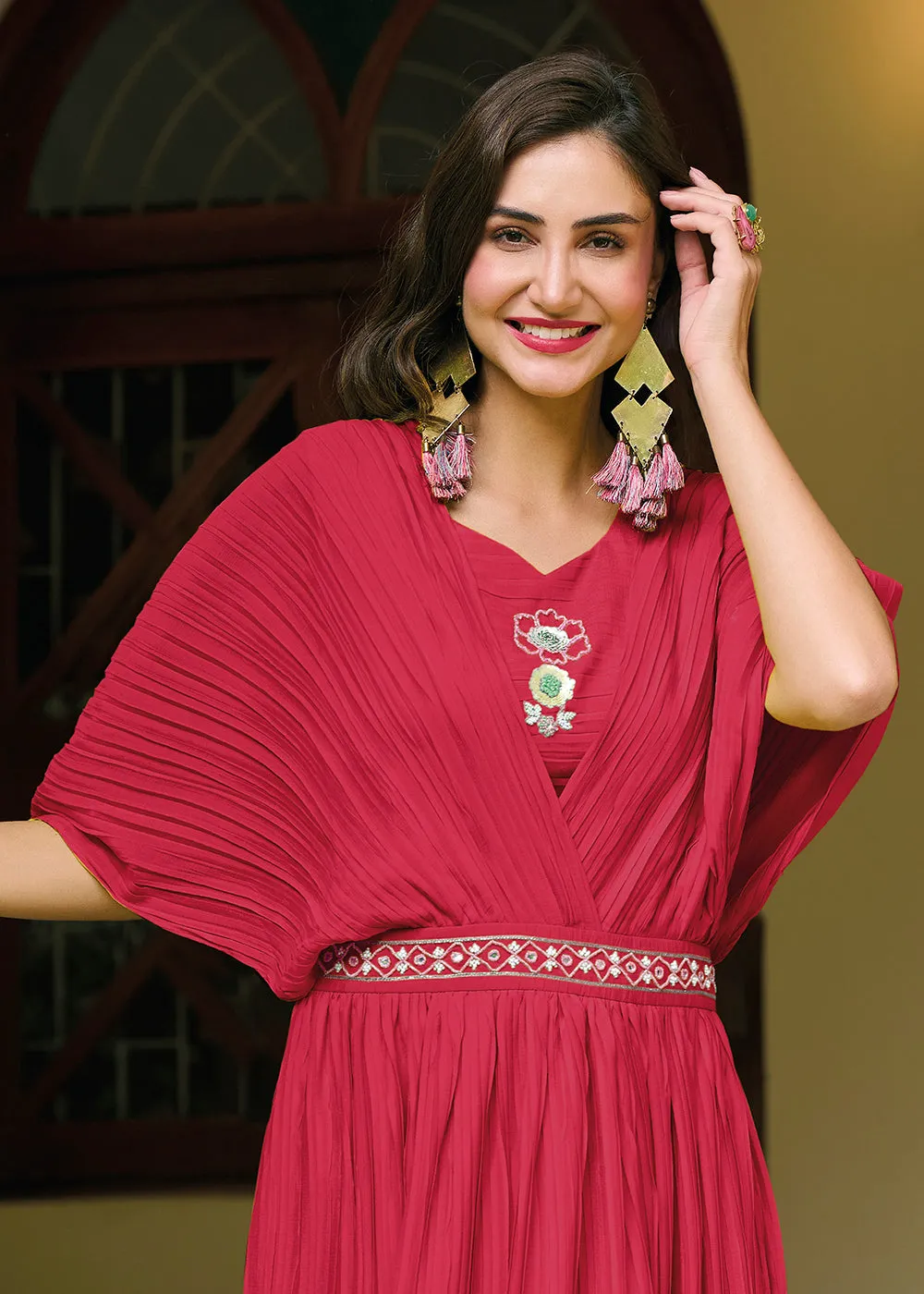 Cherry Red Chinon Party Wear Crushed Gown