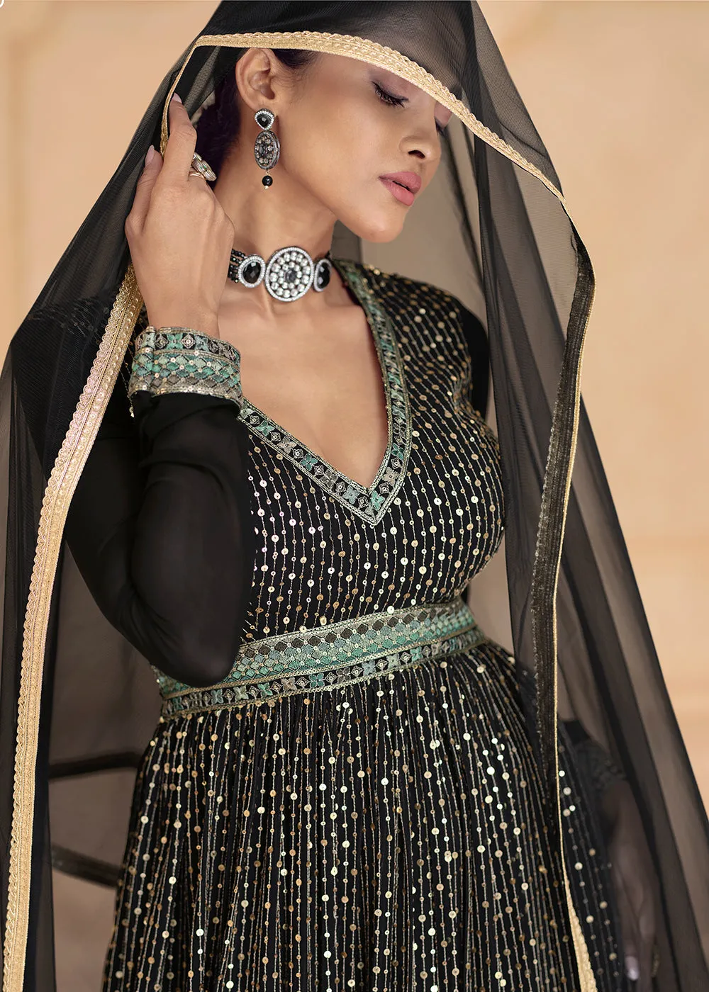 Classy Black Real Georgette Embroidered Long Anarkali Gown