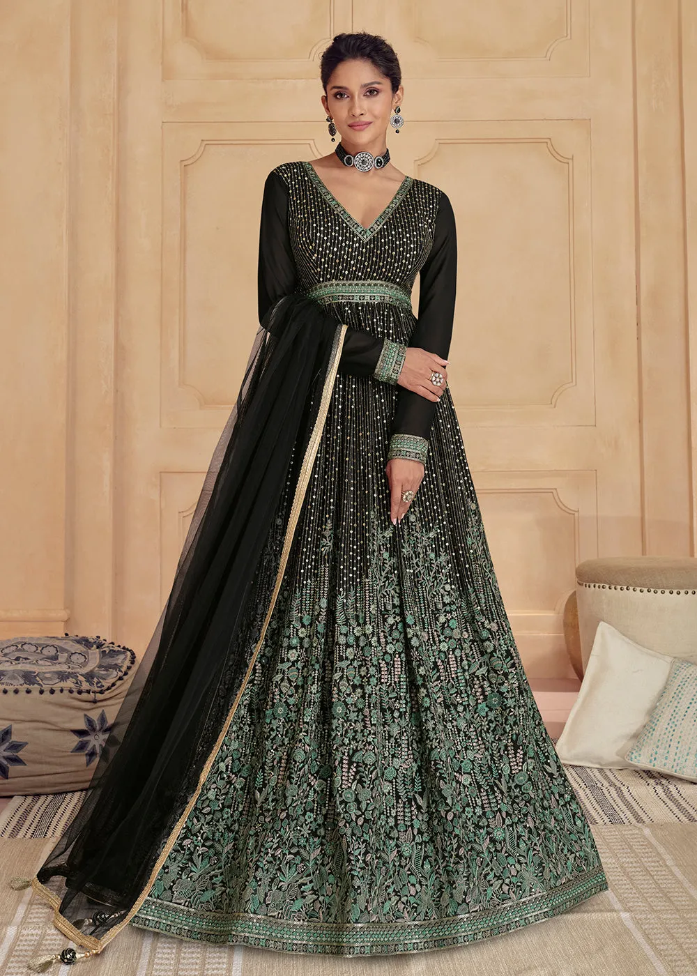Classy Black Real Georgette Embroidered Long Anarkali Gown
