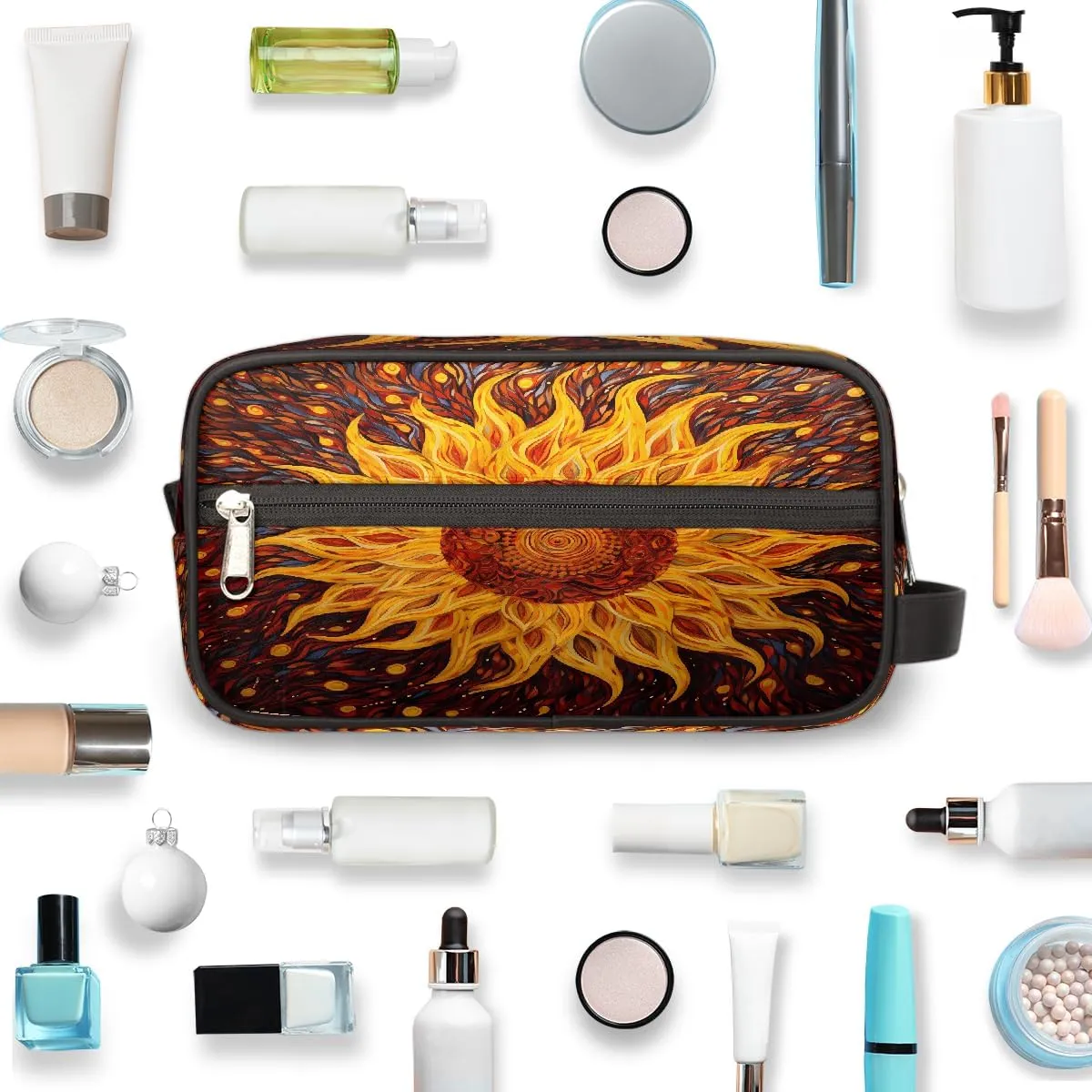 Cosmetic Bag for Women & Men, Portable Travel Makeup Organizer Toiletry Bag, Large Zipper Make Up Case for Travel Accessories, Art Sunflower Floral Pattern