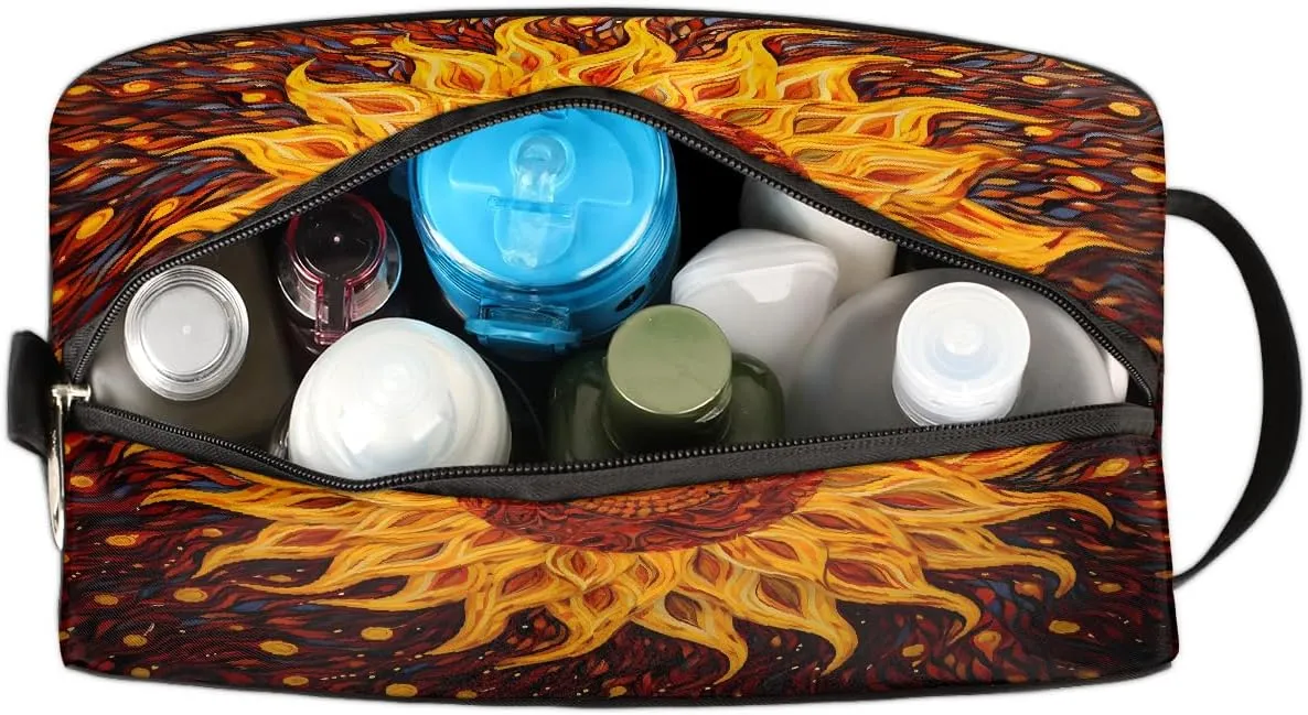 Cosmetic Bag for Women & Men, Portable Travel Makeup Organizer Toiletry Bag, Large Zipper Make Up Case for Travel Accessories, Art Sunflower Floral Pattern