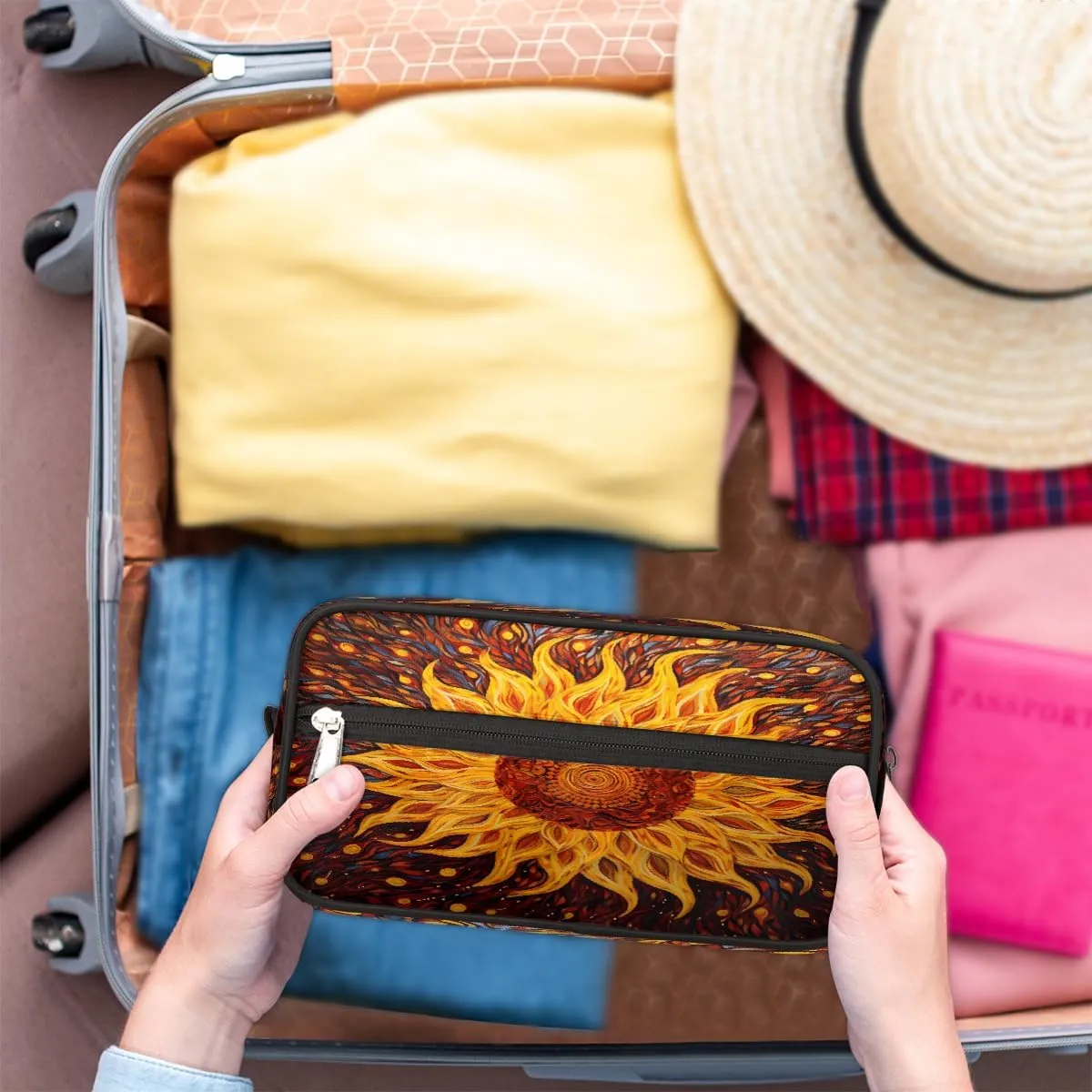 Cosmetic Bag for Women & Men, Portable Travel Makeup Organizer Toiletry Bag, Large Zipper Make Up Case for Travel Accessories, Art Sunflower Floral Pattern