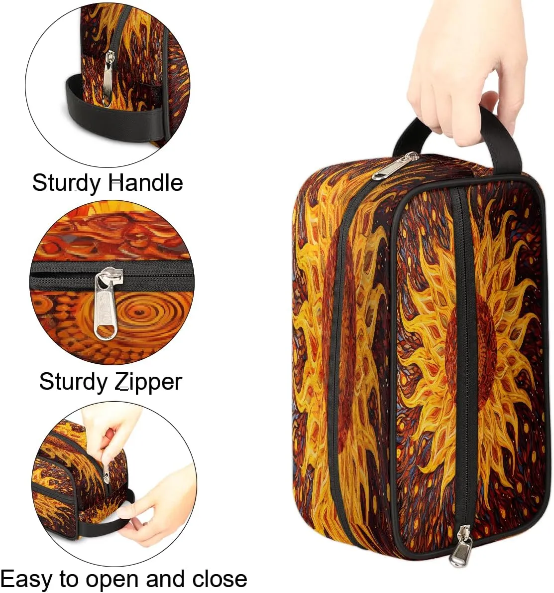 Cosmetic Bag for Women & Men, Portable Travel Makeup Organizer Toiletry Bag, Large Zipper Make Up Case for Travel Accessories, Art Sunflower Floral Pattern