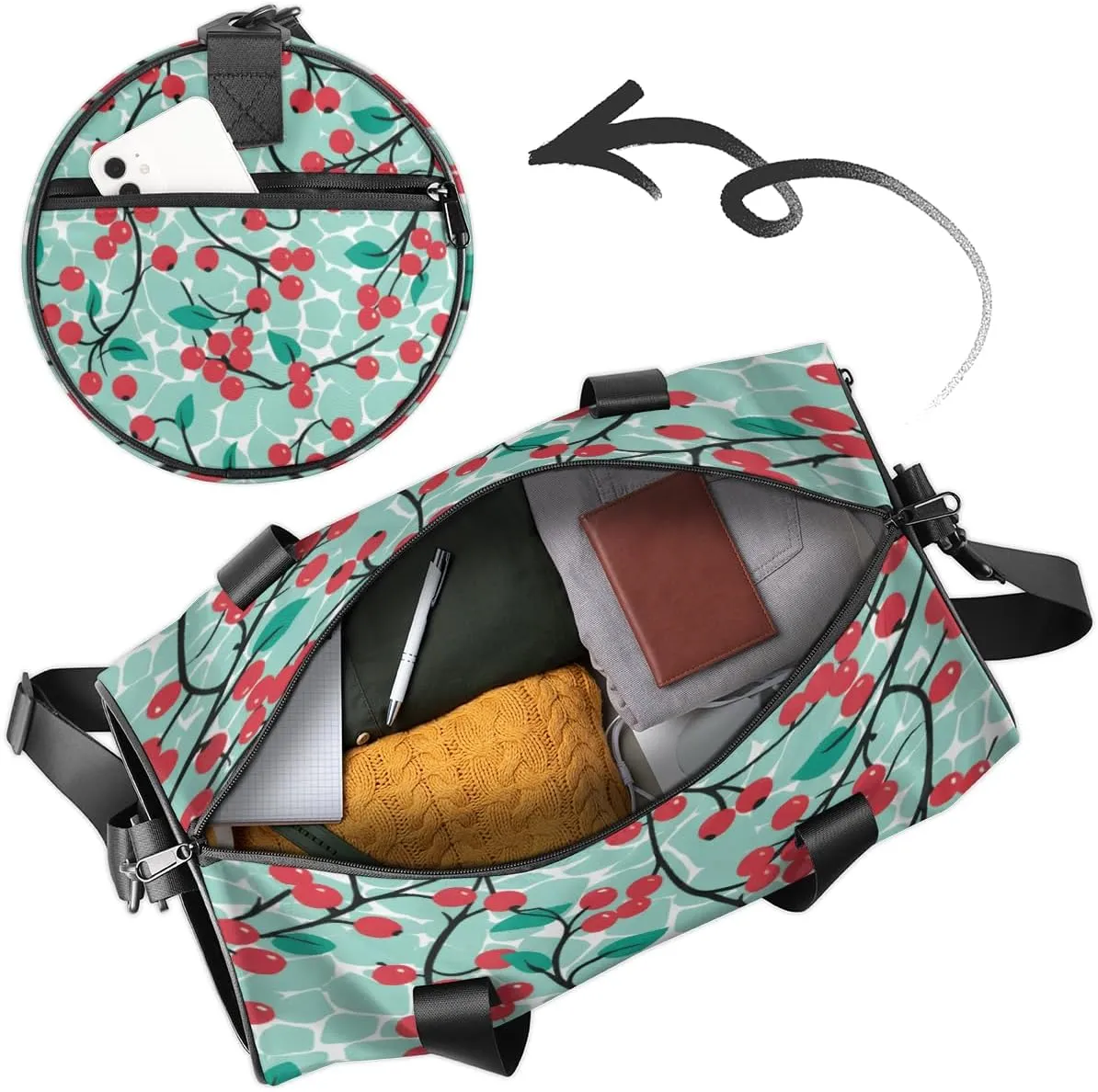 Custom Dance Duffel Bag Sport Backpacks Gyms and Weekend Overnight Travel Duffle Bag Birthday Christmas Halloween Waterproof, Fruits Berries Pattern