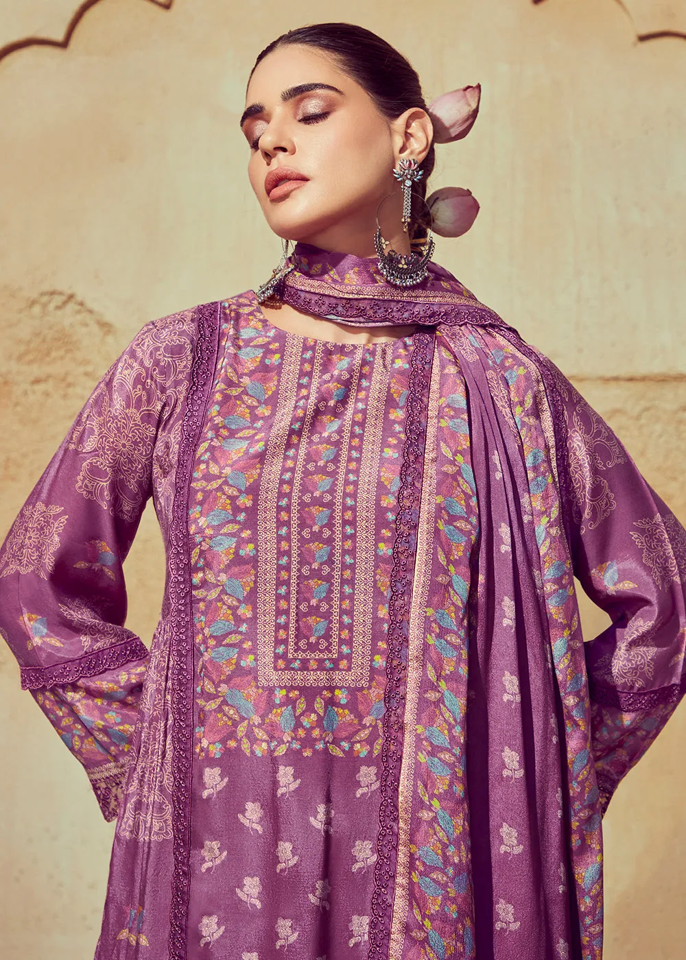 Digital Printed & Embroidered Onion Pink Muslin Salwar Suit
