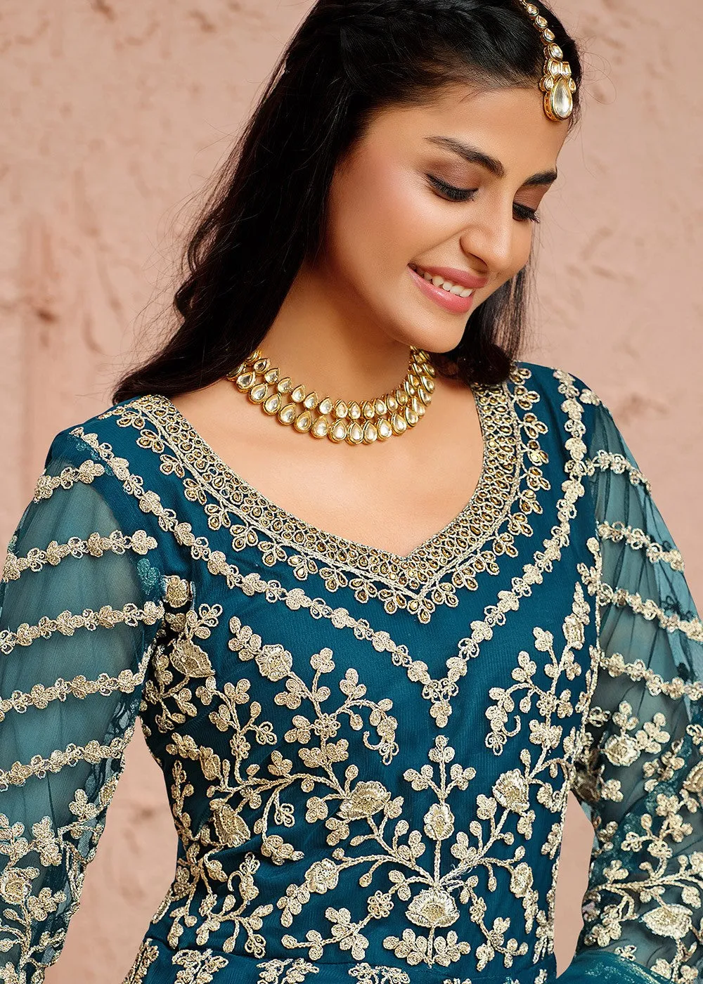 Dori Embroidered Blue Abaya Style Anarkali Suit