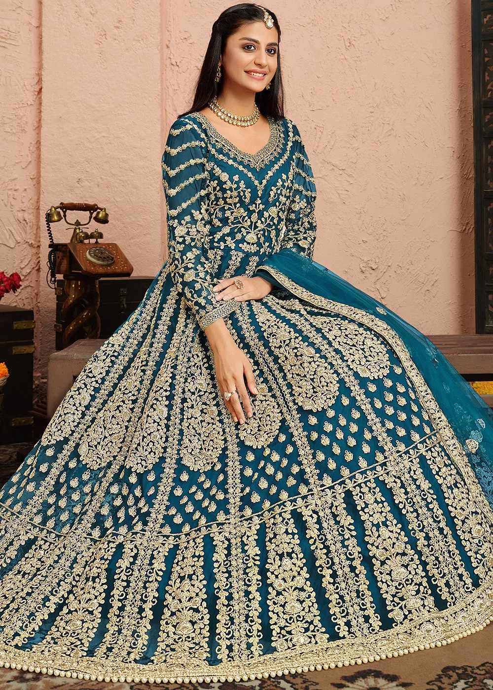 Dori Embroidered Blue Abaya Style Anarkali Suit