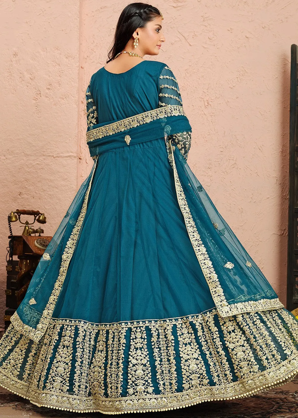 Dori Embroidered Blue Abaya Style Anarkali Suit