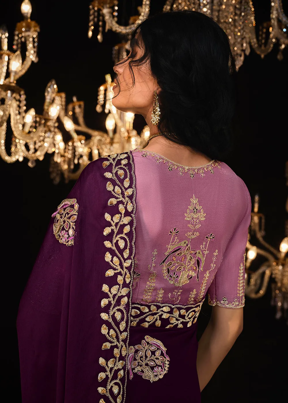 Fancy Purple Embroidered Designer Wedding Wear Saree