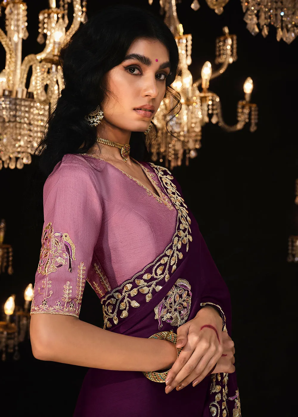 Fancy Purple Embroidered Designer Wedding Wear Saree