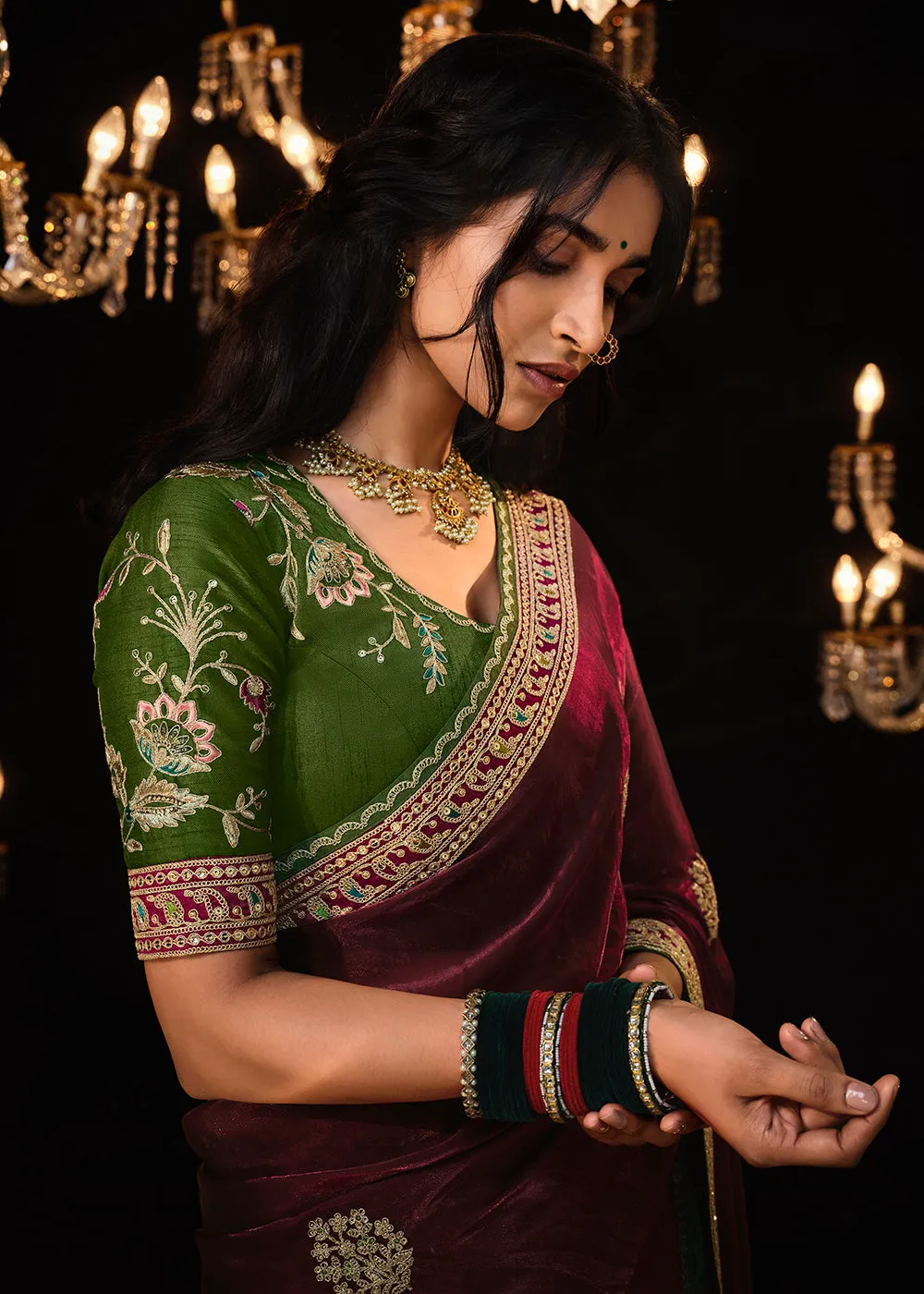 Fancy Wine Embroidered Designer Wedding Wear Saree
