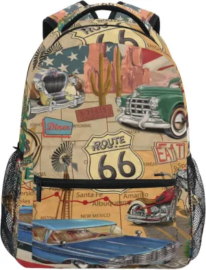Fisyme Vintage Route 66 Laptop Backpack Bag Bookbag Casual Hiking Travel Notebooks Computer Daypacks