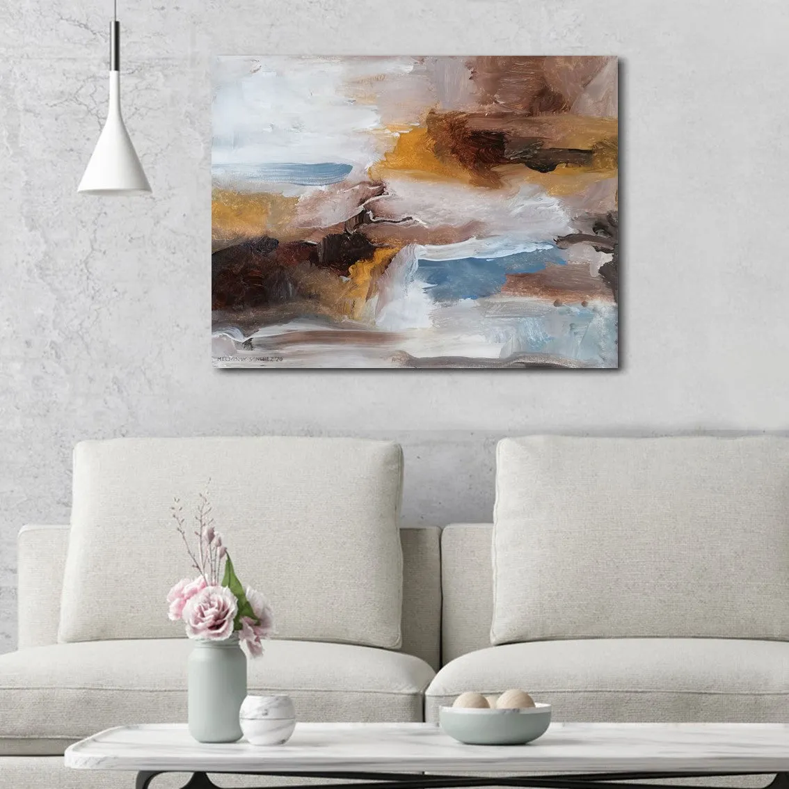 Framed horizontal beige & steel blue abstract wall art print