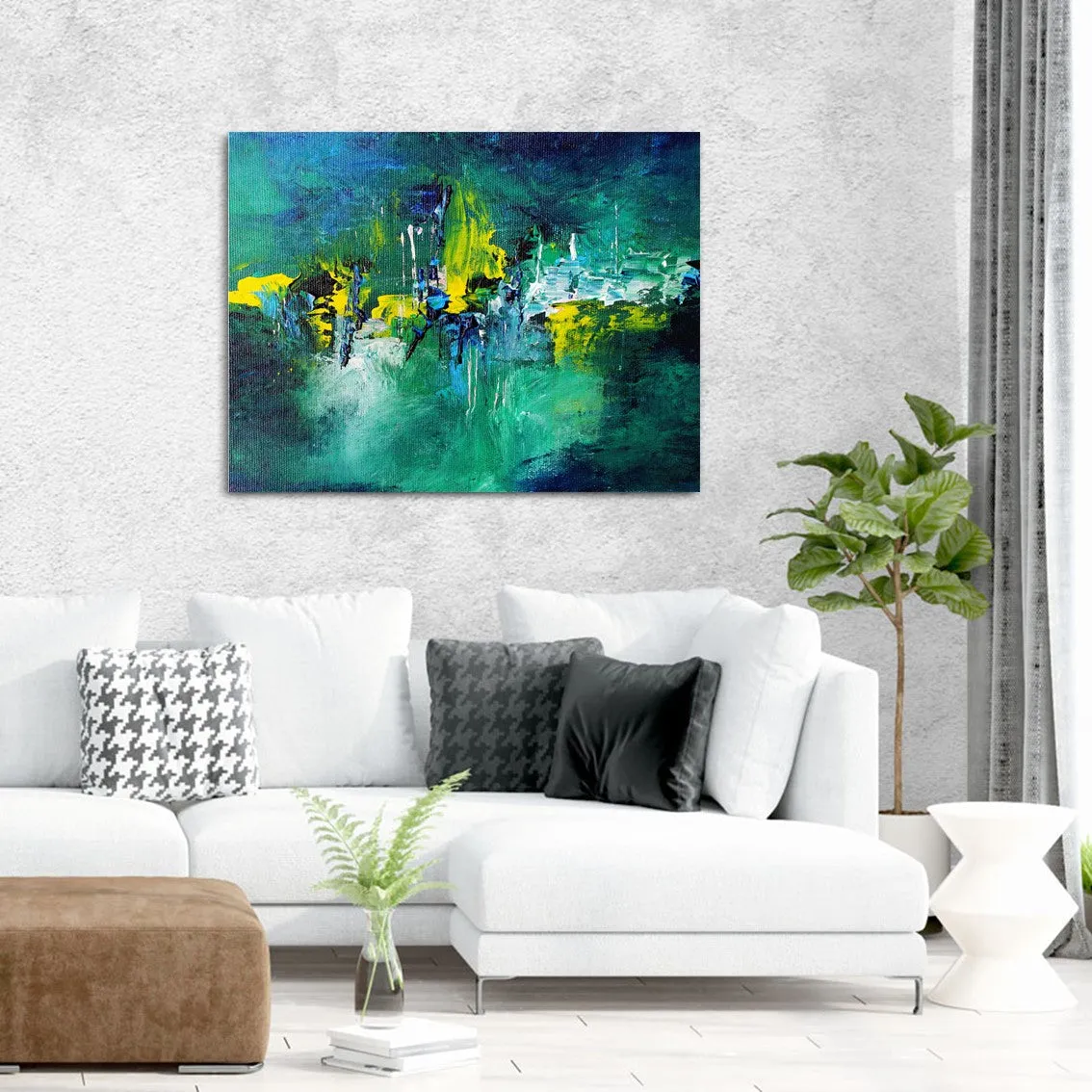 Framed horizontal emerald green & deep blue abstract wall art print