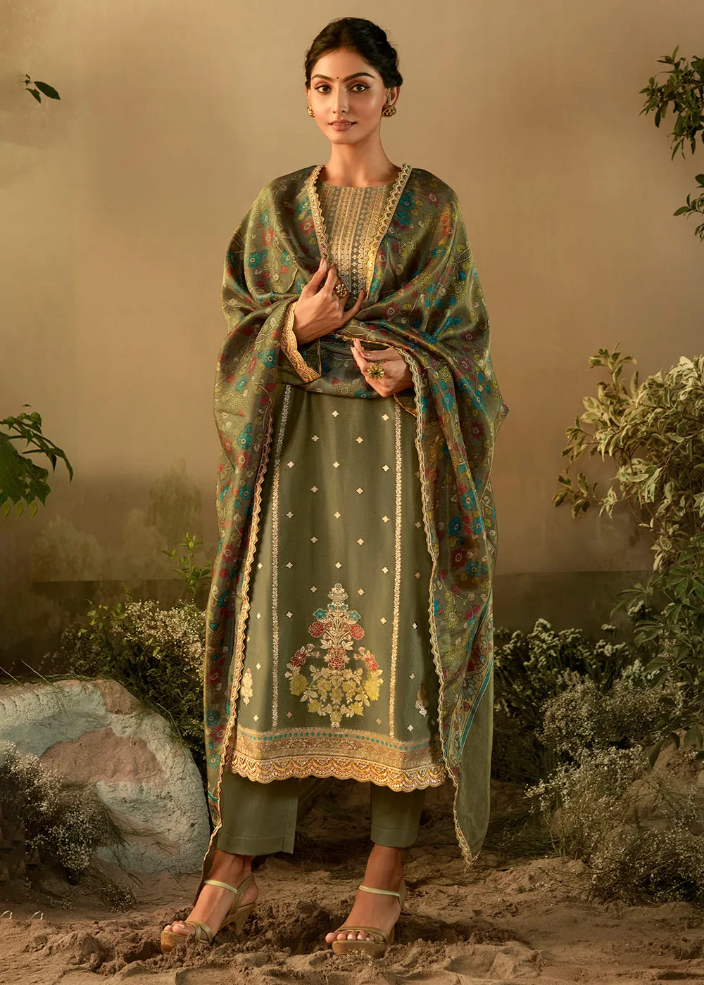 Green Pure Zari Banarasi Tissue Festive Wear Salwar Suit