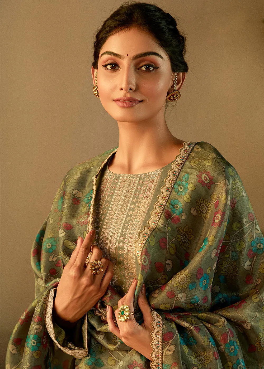 Green Pure Zari Banarasi Tissue Festive Wear Salwar Suit