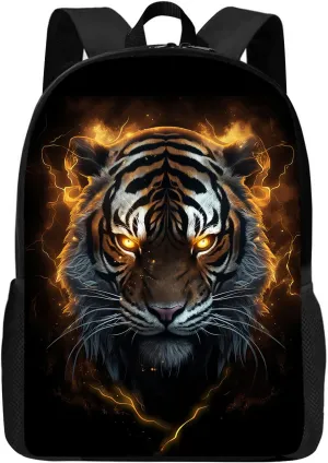 Huke Kids Tiger Backpack for Boys Girls, Cool Fire Tiger Backpack for School & Travel, Big Kids Child Backpacks, Elementary Middle High College Student Bookbag, Black Gold Animal Print, 17 Inch