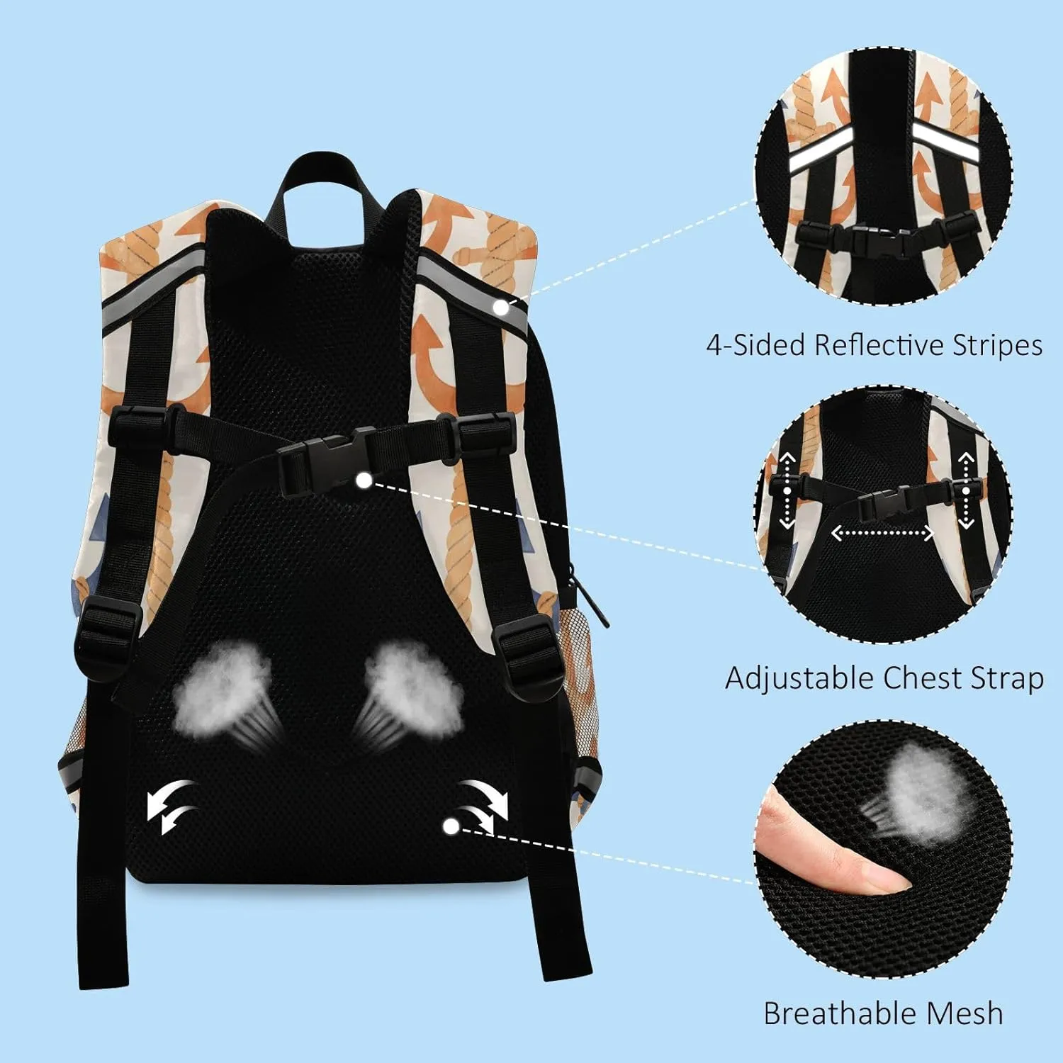 KLL Cute Girls and Boys Backpack Navy Blue Striped Rope and Ocean Watercolor Cute Travel Bookbag for Primary School