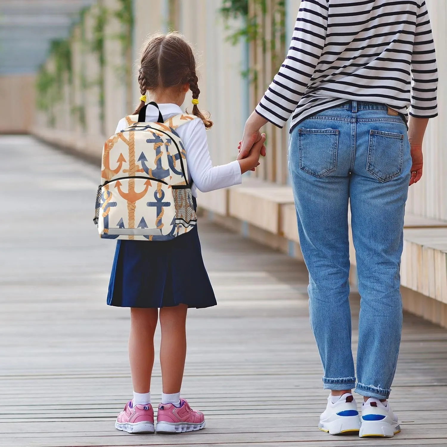 KLL Cute Girls and Boys Backpack Navy Blue Striped Rope and Ocean Watercolor Cute Travel Bookbag for Primary School