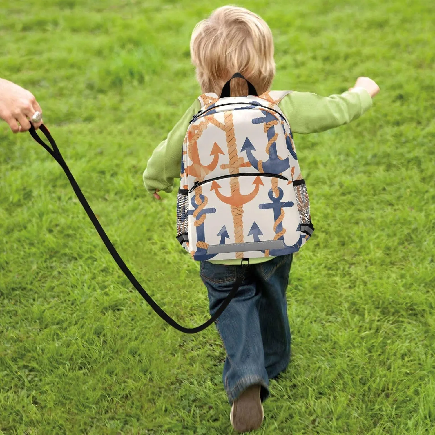KLL Cute Girls and Boys Backpack Navy Blue Striped Rope and Ocean Watercolor Cute Travel Bookbag for Primary School
