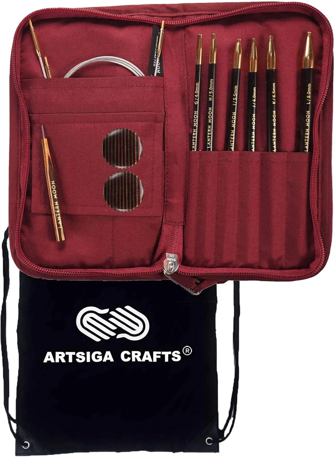 Lantern Moon Bequest 6-Inch Tunisian Interchangeable Crochet Hook Set Handcrafted Ebony Sizes US G, H, I, J,K, L, Silk Case, 2 Cords, 2 End Caps, 1 Tighten Tool with Project Bag