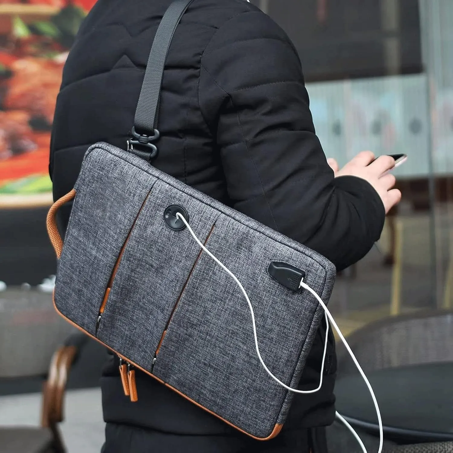 Laptop case Waterproof Laptop Bag Polyester with USB Charging Port Headphone Hole Notebook Laptop Sleeve(Drak Grey)