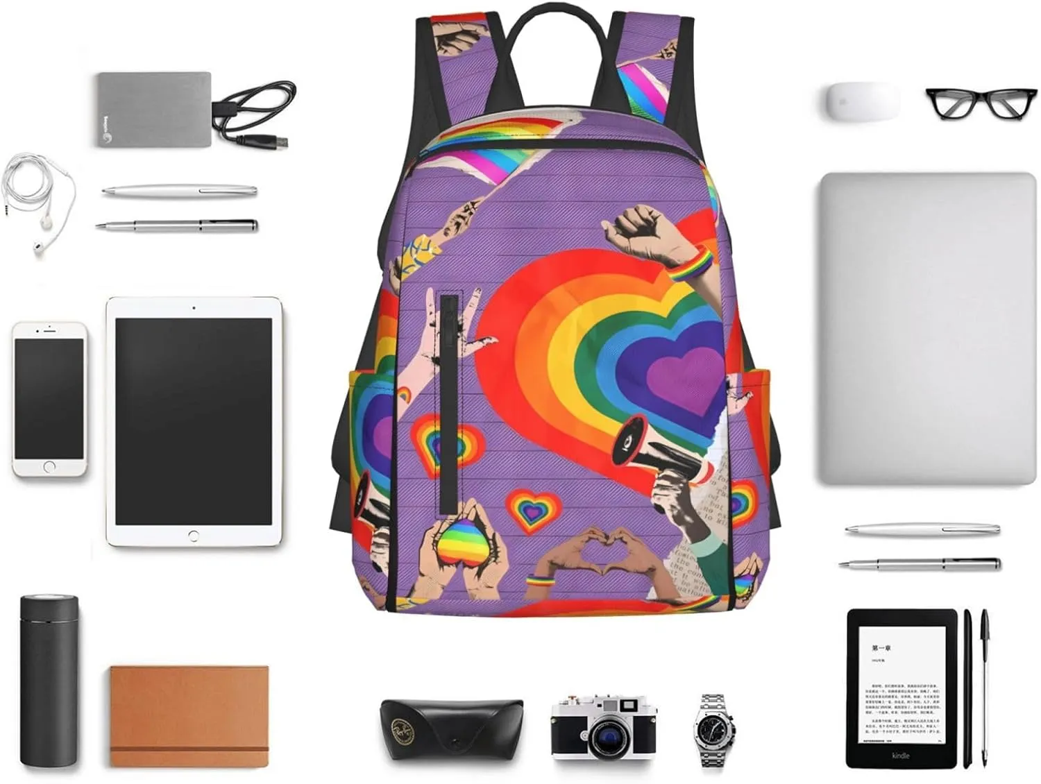 LGBT Rainbow Gay Pride Flag Hearts Love Travel Laptop Backpack Casual Backpacks Double Shoulder Daypack Notebook Rucksack Work Bags Sports Bag for Gym Hiking Camping Beach
