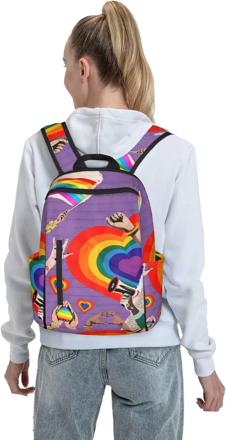 LGBT Rainbow Gay Pride Flag Hearts Love Travel Laptop Backpack Casual Backpacks Double Shoulder Daypack Notebook Rucksack Work Bags Sports Bag for Gym Hiking Camping Beach